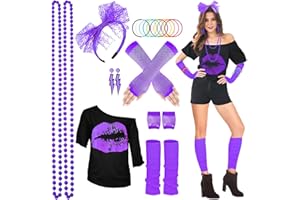 WILDPARTY 80er 90er Jahre Outfit Damen, T-Shirt, Beinwärmer, Stirnband, Ohrring, Halskette, Netzhandschuhe, 80er 90er Jahre Kostüm Mottoparty Accessoires Kleidung JD-80SMouth-Purple-S Made In China