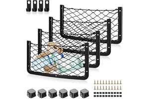 KATLKIU 4 Pack Car Storage Net Pocket – Elastic Mesh Organiser for Car Seat Back, Boot, Van, Camper – Screw & Adhesive Mount – Universal Car Mesh Storage Holder for Phone, Documents, Accessories