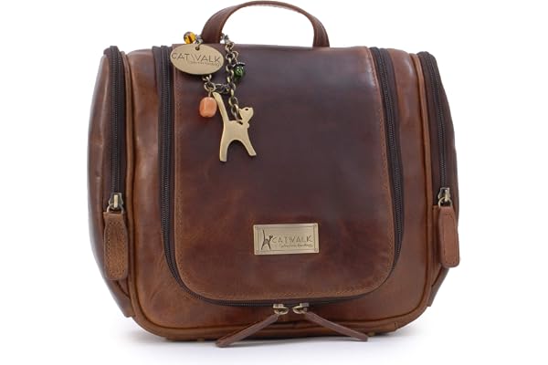 Catwalk Collection Handbags - Grand Trousse de Toilette Femme Cuir - Sac Cosmétique Voyage avec Poignée - Sac de Lavage/Maquillage - Maisie - Marron