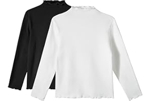 Miipat 2 Pack Girls Long Sleeve Turtleneck Shirts Stretchy Pullover Blouse Tops Solid Kids Thermal Undershirts 2-7 Years