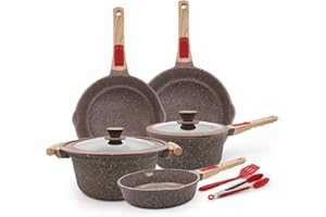 AIKENBBKK Ensemble de Casseroles et Poêles en Céramique 9 Pièces, Poêles à Frire avec Couvercle 20/24/28cm, Casserole 20cm, Casserole 4.7L, avec Poignée Amovible- Marron