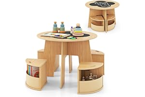 Maxmass Kids Table and Chairs Set, 5 Pieces Children Activity Tables with 4 Stools, Chalkboard Tabletop, Nursery Kindergarten Toddler Play Table Activity Desk for Drawing Reading Learning