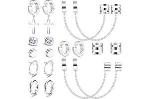 Kakonia 9 Pairs Magnetic Earrings for Men 316L Stainless Steel Earrings Clip on Chain Earrings Non-Piercing Cross Dangle Hoop Men's Earrings Black CZ Mens Studs Earrings