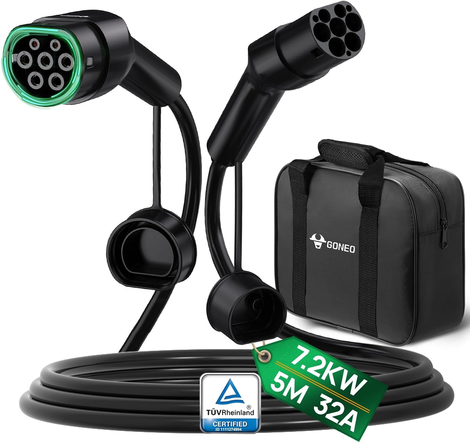 GONEO Type 2 EV Charging Cable 7.2kW/5M/32A/1-Phase Type 2 to Type 2 Mode 3 EV/PHEV Charging Cable With Portable Bag