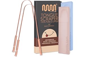 MasterMedi 100% langue de cuivre pur grattoir avec étui voyage - 2 pack, nettoyant tongue ayurvédique naturel, bannit la mauvaise haleine et tient à jour l'hygiène bucco-dentaire, la grande-grip