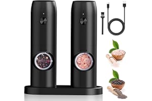 Bestore Electric Salt and Pepper Grinder Set, 2pcs USB Rechargeable Set Adjustable Coarseness with Base Mill LED Light, One Hand Operation, Black