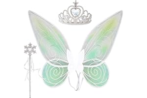 BUBUNY Fairy Wings for Girls, Butterfly Fairy Wings, Angel Wings Crown Fairy Wand White Fairy Costume Wings for Kids Dress Up Fairy Angel Glitter Princess Set