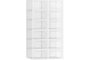 SONGMICS Cajas de Zapatos Plástico, Juego de 12 Organizadores de Almacenamiento, Caja Zapatero Plástico Plegable y Apilable para Zapatillas hasta talla 44, Transparente y Blanco LSP12SWT