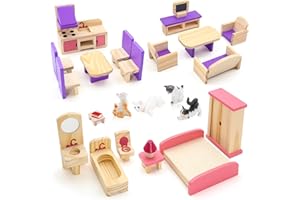 SEKEPINGO 25PCS Wooden Doll House Furniture Set,Realistic Dollhouse Accessories with Bedroom,Living Room,Dining Room Accessories,Mini Cats for Pretend Play Educational Toys for Girls Boys Children Toddlers 3+
