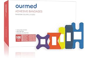 Ourmed Flexible Fabric Bandages with Non-Stick Pad, Latex Free, Rainbow Colors Adhesive Bandage First Aid Wound Care for Cuts, Scrapes, Blisters, Assorted Sizes, 100 Count
