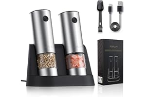 FORLIM Macina Pepe Elettrico Ricaricabile USB, macina sale e pepe acciaio inox con luce a led, con Nucleo macinante in ceramica con spessore regolabile, con fondo smontabile e lavabile(Argento)
