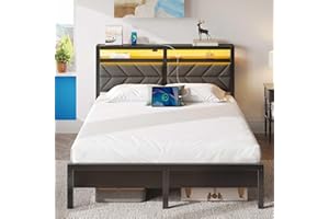 ‎SEVENTABLE Seventable Bett 140x200 mit LED, Ladestation (2 USB-Anschlüsse & 1 Typ-C-Anschluss), Metallbett mit Gepolstertem Kopfteil & Stauraum, Doppelbett für Schlafzimmer