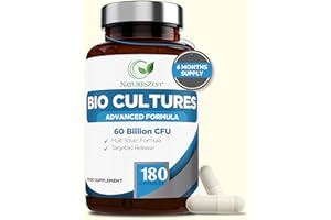 NATURES ZEST Bio Cultures Complex Probiotics & Prebiotics 60 Billion CFU – 6 Month Supply - for Gut Health with Lactobacillus Rhamnosus - for Women and Men - 180 Vegan Capsules