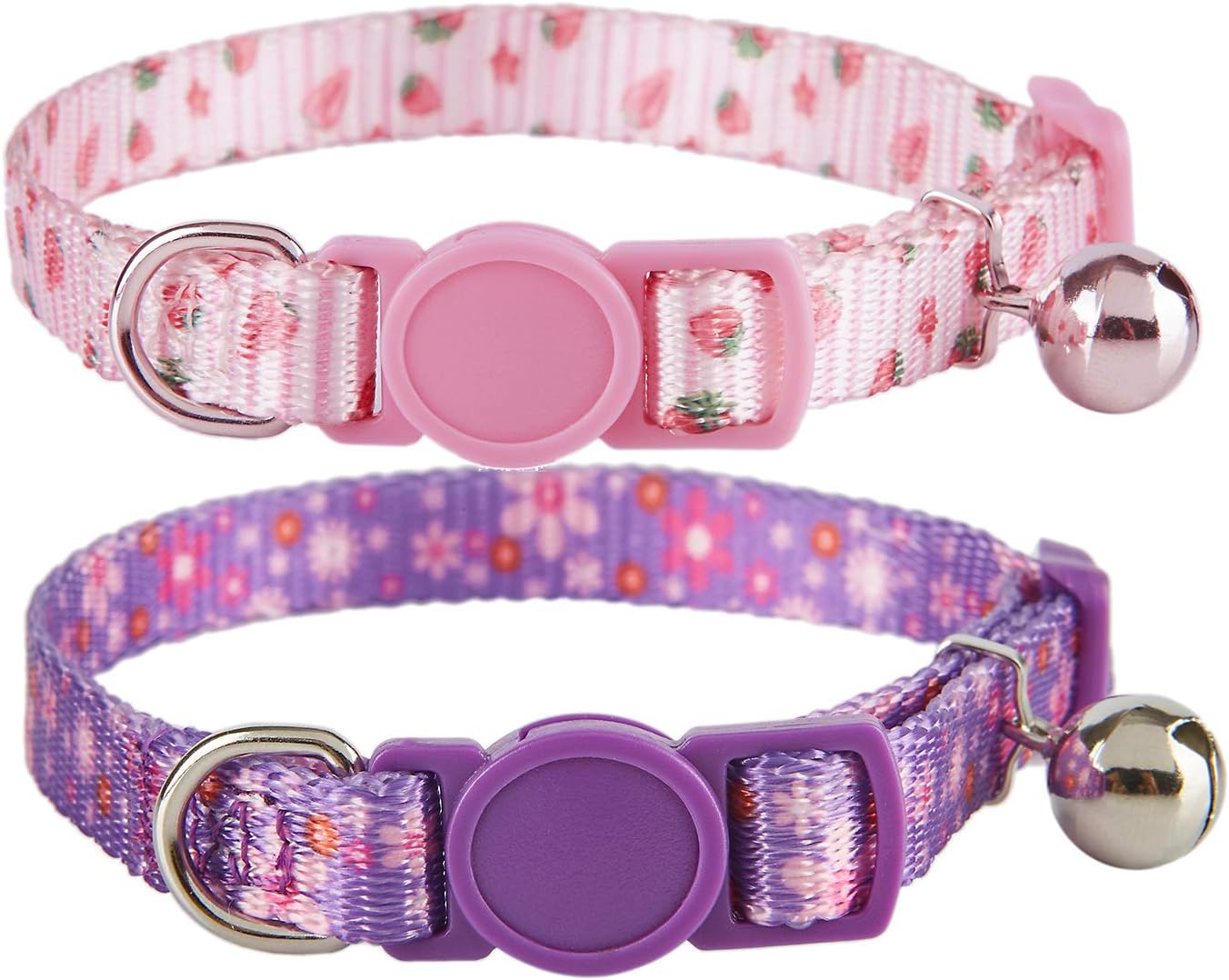 YUDOTE Cat Collars Pack of 2, Colorful Printed Basic Strong Girls Cat Collar Quick Release with Removeable Bell, Pink Purple