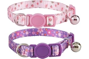YUDOTE Katzenhalsbänder 2er-Pack, bunt Bedruckt Basic Starke Mädchen Katzenhalsband Schnellverschluss mit Abnehmbarer Glocke, rosa lila
