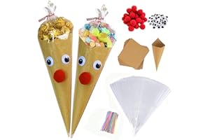 FINEVERNEK Sachet Bonbon Noël, Sacs Cellophane Cône Bonbon Transparent Plastique, Sachets de Cadeaux Transparent avec Cravates Torsadées pour Noël Partie, 25x13cm (50 Ensembles)