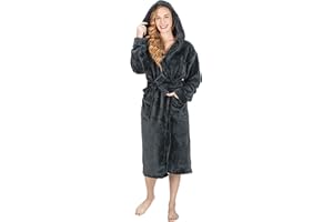 MONHOUSE Womens Dressing Gown - Premium Super Soft & Cosy Long Bathrobe - Ladies Thick Flannel Luxury Housecoat - Shearling Spa Robe for Her - Warm Fluffy Sherpa Bathrobe with Hood, Pockets & Tie