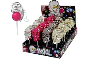 WOM Skool. Palo de Caramelo de Fresa dentro de un Llavero con Forma de Calavera de Color Metalizado | Display de 12 Piruletas | 4 Colores de Calaveras