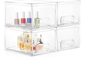 RSAROUUD MOY 4 Stück Badschrank Organizer Box, Stackable Acryl Aufbewahrungsbox Schublade mit 32 rutschfeste Matte und Haltbarkeit, Organisationsboxen für Schlafzimmer Spülbecken Schreibtisch Badschrank Organizer