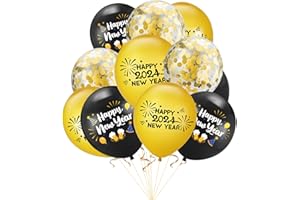 LOMYLM 15pcs New Years Eve Decorations 2024 Balloons Gold Black, Happy New Year 2024 Balloons Latex Balloons Happy New Year Confetti Balloons, 2024 New Year's Eve Party Decoration Supplies