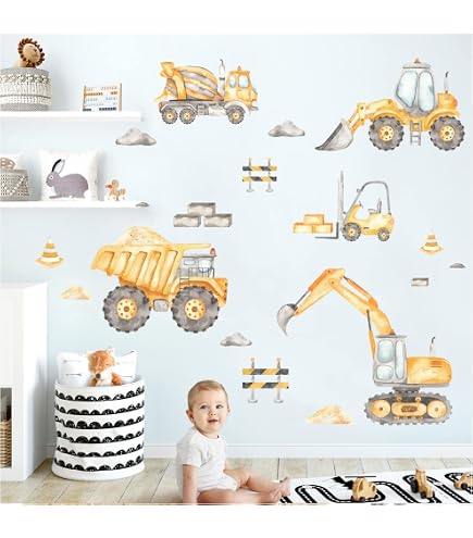 Wandtattoo 'Baustelle' Fürs Kinderzimmer – Buntes Bagger & LKW Design, 130x21 Cm, Mehrfarbig