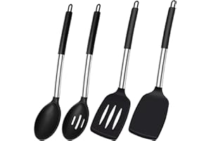 THIMMAMMA Spatola in Silicone Resistente al Calore - Set di Cucchiai da Cucina Antiaderenti, Scanalati, Senza BPA - Grandi Utensili da Cucina Neri per Cottura