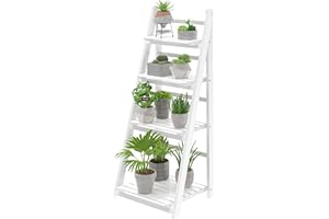 HOMIDEC Support pour plantes, étagère échelle en bois à 4 niveaux, étagère de présentation pliable, étagères d'intérieur pour jardin, salon, blanc