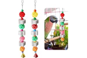 Fanxaolnes 2 Stück Papageien Kau- und Zerkleinerungsset, Hängende Ketten für Vögel mit 3 Vulkansteinen und 4 bunten Rattanbällen, Papageien Zubehör für Vogelkäfige, interaktives Kauen und Zerstören
