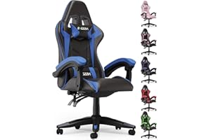 bigzzia Silla Gaming,Silla Ergonómica de Oficina en Cuero PU,Regulable en Altura con Soporte Lumbar y Reposacabezas,Respaldo Reclinable 155°,Silla Gamer Adulto Niño(Azul)