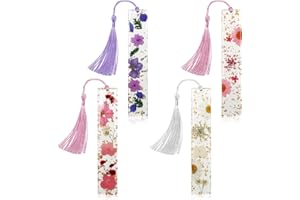 Kaluofan Zakładki z żywicy suszonych kwiatów z frędzlami, trwałe, ręcznie robione, dla kobiet i dzieci (4 szt.)