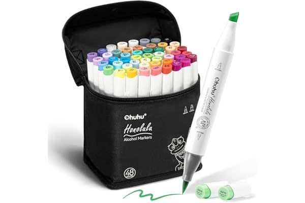 Ohuhu Feutre a Alcool 48 Colorés D'art, Pointe Double Feutres à Alcool Marqueurs Pinceau et Ciseau Burin Pour Artiste Etudiants, Feutres Coloriage Adulte Pour Croquis Coloriage Calligraphie