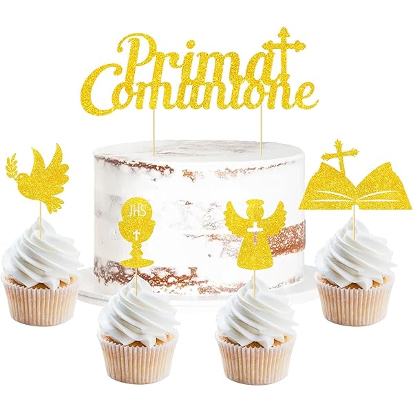 Set 25 Topper Prima Comunione In Carta Glitter Oro E Argento | Decorazione Torta E Cupcake Con Albero Vita, Angeli, Colombe E Santo Graal - Foto 3