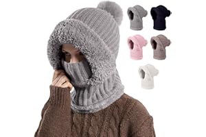 GENERIC Beanie Hats for Women with Neck Warmer, Thermal Face Mask, Slouch Ajustable Knit Ladies Winter Hats Hairball, Warm Knitted Cap with Warm Fleece Linning, Balaclava Snood Hood Hat for Women