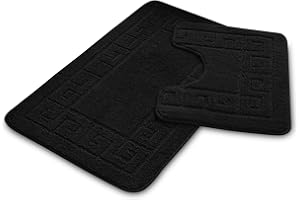 VELVETIO Bath Mat Set 2 Piece Machine Washable for Bathroom, Jacquard Greek Non Slip Quick Dry Shower Rugs & Bathtub Mats, Highly Water Absorbent 100% Polypropylene Toilet Rug Sets, Black