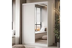 ‎LUKMEBEL lukmebel Kleiderschrank Camaro II - Kleiderstange Schrank - Schwebetürenschrank mit Spiegel 150x59x215 cm Schrank Weiß - Schlafzimmer Möbel - Aluminiumgriffe - Mehrzweckschrank