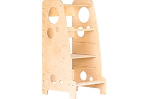 BABYLIKE Montessori Lernturm für Kinder | Lernstuhl ab 1 Jahr | Learning Tower | Tritthocker mit 2 Stufen & verstellbaren Fachböden | Naturholz