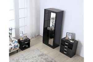 AFN HOME AFN High Gloss Mirrored 3 Piece Bedroom Furniture Set - Includes Wardrobe, 4 Drawer Chest, Bedside Cabinet (Black)