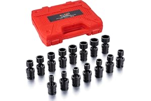 KATSU 3/8" Drive Impact Swivel Socket Set 15pcs Metric 8-22mm 6 Points Wobble Shallow Sockets, Chrome Moly Steel Mechanical T