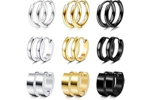 Kakonia 9Pairs Stainless Steel Men's Earrings Hoop Silver Gold Black Small Classic Hoop Huggie Earrings for Men Women