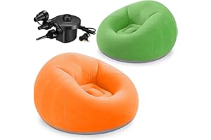 OJMHD 2 Pcs Inflatable Bean Bag Chairs for Camping, Blow up Chair for Adults, Foldable Lazy Sofa Couch with Electric Air Pump for Reading Living Room Bedroom Gaming Outdoors (Orange, Green)