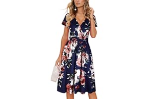 OUGES Women's Summer Midi Dress V-Neck Long/Short Sleeve Floral Ladies Fall Dress with Pockets