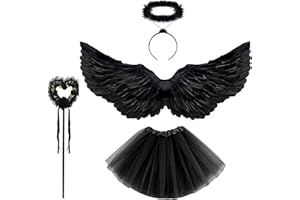 Topzora Schwarzer Engel Kostüm Damen, Schwarze Flügel,Engelsflügel Schwarz mit Tütü Rock,Heiligenschein und Zauberstab für Halloween, Mottoparty, Karneval,Kostümparty