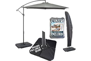 GardenCo 3m Cantilever Banana Parasol INCLUDES BASES & COVER - Hanging Parasol with Crank Handle - Outdoor Garden and Patio Sun Shade (Grey)