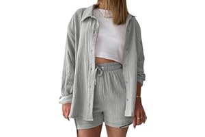 AEGJEGVD Zweiteiler Damen Sommer Musselin Bluse Hemd und Shorts Clothes Aesthetic Zweiteiler Lounge Set Strand Outfit Set Two Piece Set Women Große Größe