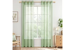 MRTREES Green Voile Bedroom Curtains 90 Inch Drop, Long Sheer Eyelet Curtains for Living Room and Door, 2 Panels 140x228 CM 55x90 Inch Green