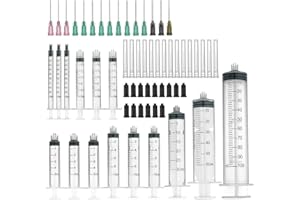 AGEMORE Confezione da 15 siringhe con aghi con punta arrotondata e tappi di conservazione (connettore Luer), da 100 ml, 60 ml, 30 ml (un pezzo per misura), e da 10 ml, 5 ml, 3 ml, 1 ml (3 pezzi per misura)