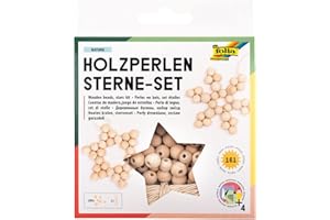 folia 22520 - Holz-Perlen Sterne Set "Nature", Bastelset mit 160 Holzkugeln und einer naturfarbenen Schnur zum Auffädeln, zum Basteln von Sternen und Anhängern