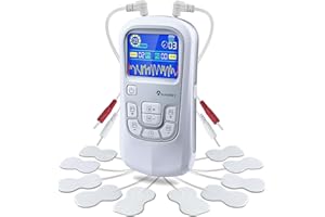 Auxoliev Electroestimulador Muscular, Doble Canal, 25 Modos de Masaje, 50 Niveles de Intensidad para Aliviar el Dolor, 10 Electrodos TENS, Masajeador EMS Electro Pulso (plateado)