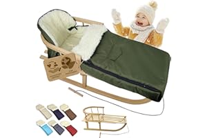 ‎BAMBINIWELT BY RAFAEL K. BambiniWelt Holzschlitten mit Rückenlehne & Zugseil + Winterfußsack 108 cm – warme Lammwolle, wasserabweisend – Kombi-Set für Kinderwagen & Buggy