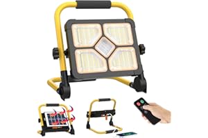 ERAY 150W Faro LED Ricaricabile, Faretto LED da Cantiere Portatile Con Telecomando/Supporto/5 Modalità/Batteria da 15000mAh/296 perle LED/Pannello Solare, Ideale per Emergenza, Campeggio, Riparazione